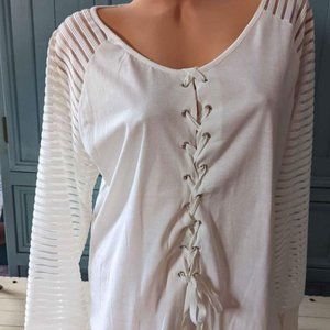Women's White Lace Up Front Long Sleeve Top/Shirt Large